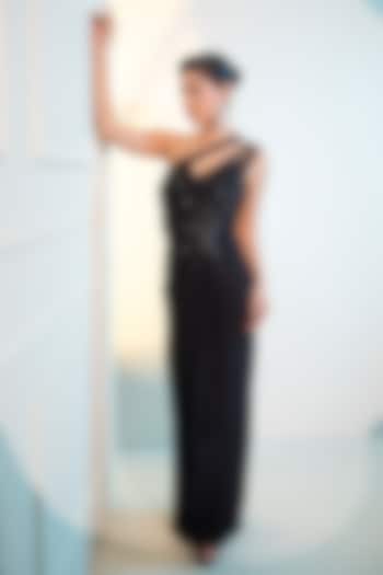 Black Jersey Sequins Work One-Shoulder Draped Vacation Dress by Label Kaleido at Pernia's Pop Up Shop