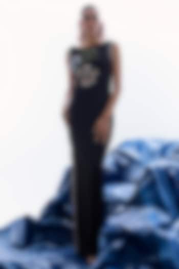 Black Sapphire Crepe Sequins Floral Work Vacation Dress by Label Kaleido at Pernia's Pop Up Shop