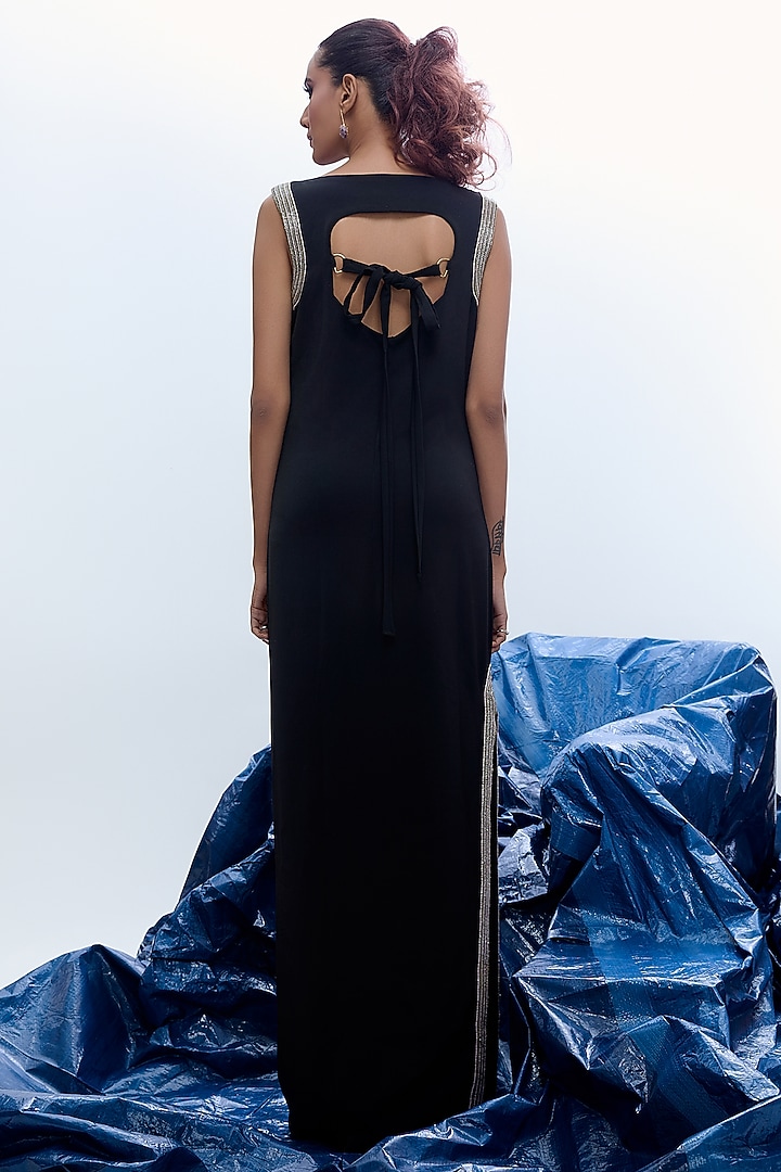 Black Sapphire Crepe Sequins Floral Work Vacation Dress by Label Kaleido at Pernia's Pop Up Shop