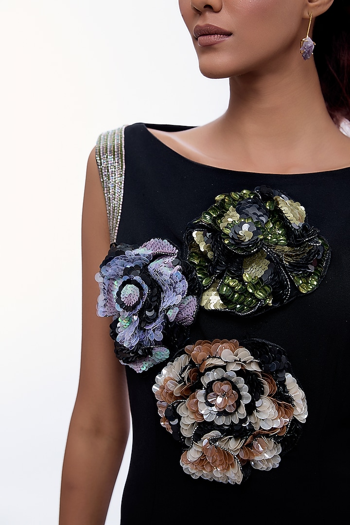 Black Sapphire Crepe Sequins Floral Work Vacation Dress by Label Kaleido at Pernia's Pop Up Shop