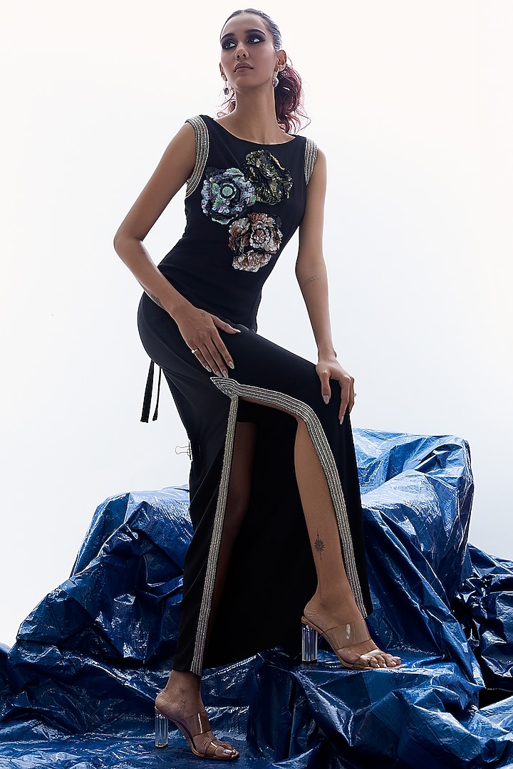 Black Sapphire Crepe Sequins Floral Work Vacation Dress by Label Kaleido at Pernia's Pop Up Shop