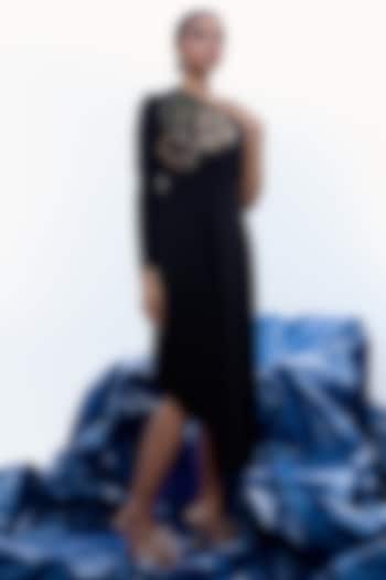 Black Jersey Floral Work One-Sleeved Vacation Dress by Label Kaleido at Pernia's Pop Up Shop