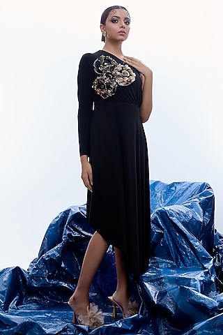 Black Jersey Floral Work One-Sleeved Dress by Label Kaleido