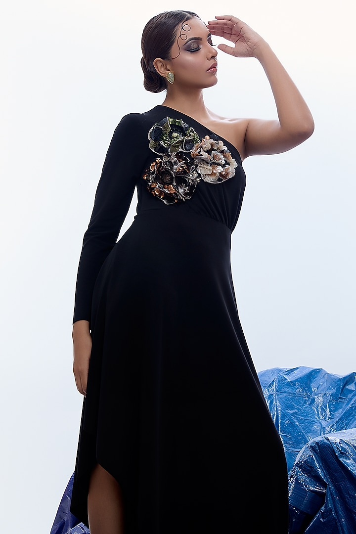 Black Jersey Floral Work One-Sleeved Vacation Dress by Label Kaleido at Pernia's Pop Up Shop