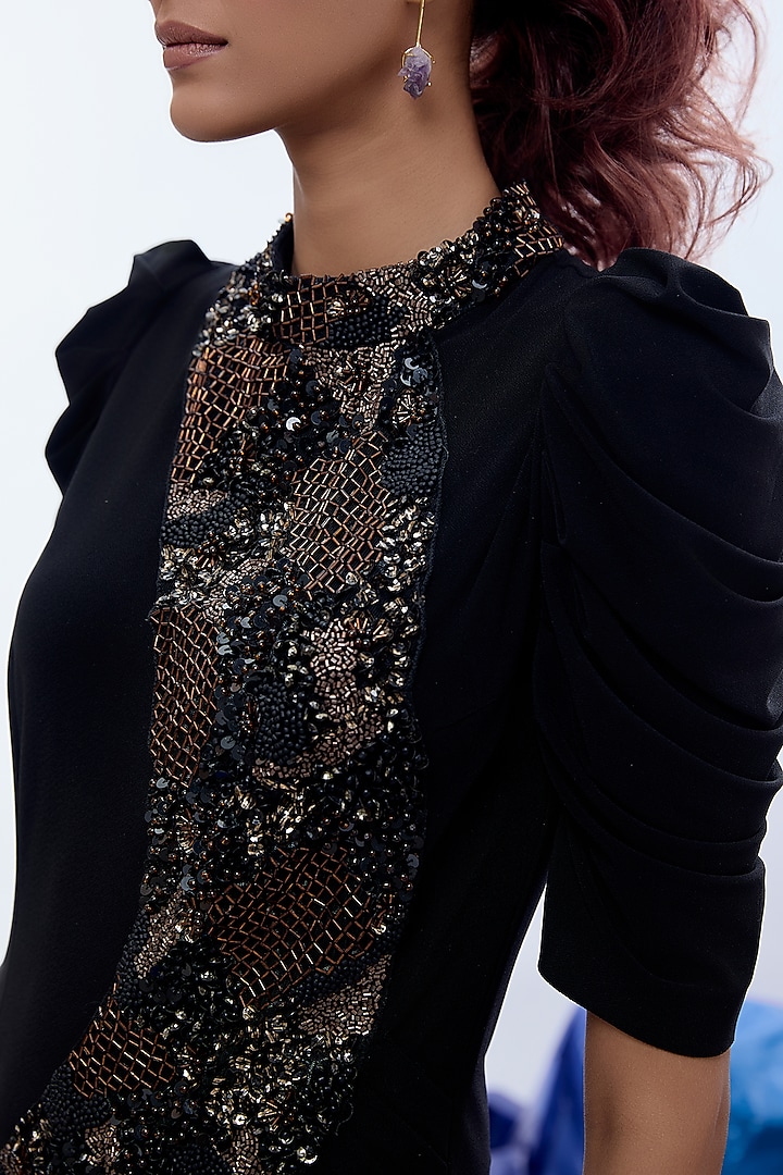 Black Jersey Beads Embellished Asymmetrical Cowl Vacation Dress by Label Kaleido at Pernia's Pop Up Shop