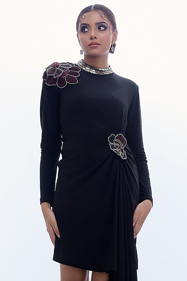Black Jersey Coin Embellished Asymmetrical Vacation Dress by Label Kaleido at Pernia's Pop Up Shop