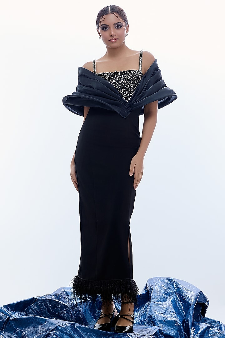 Black Sapphire Crepe Sequins Embellished Structured Vacation Dress by Label Kaleido at Pernia's Pop Up Shop