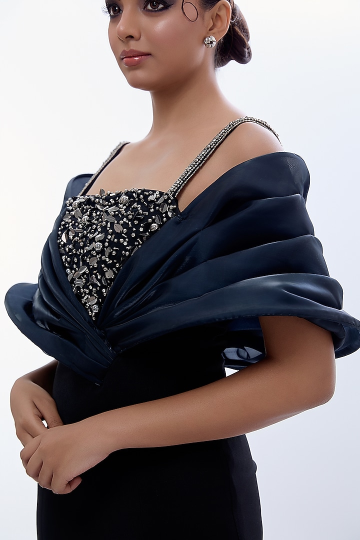 Black Sapphire Crepe Sequins Embellished Structured Vacation Dress by Label Kaleido at Pernia's Pop Up Shop