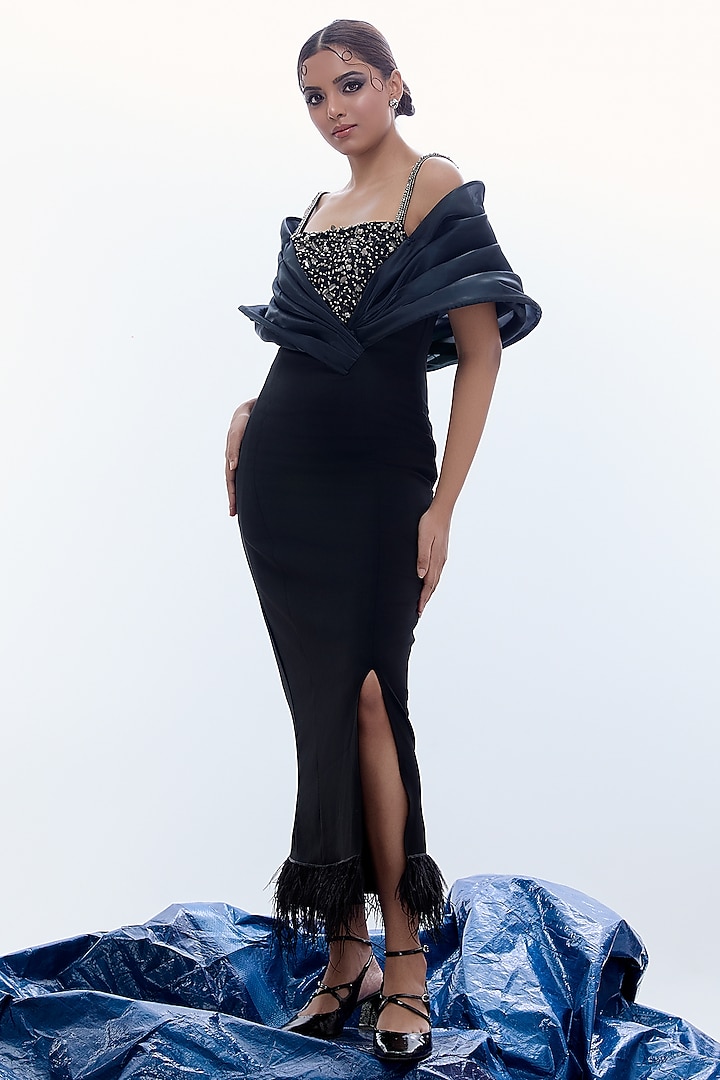 Black Sapphire Crepe Sequins Embellished Structured Vacation Dress by Label Kaleido at Pernia's Pop Up Shop