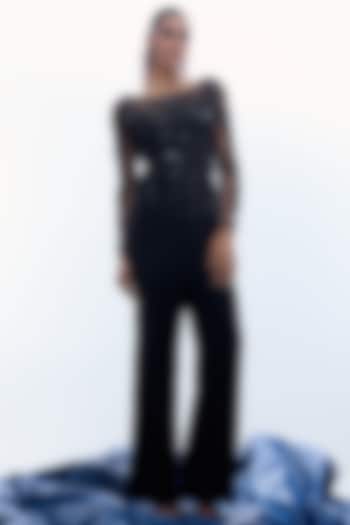 Black Sapphire Crepe & Net Floral Embellished Jumpsuit by Label Kaleido at Pernia's Pop Up Shop