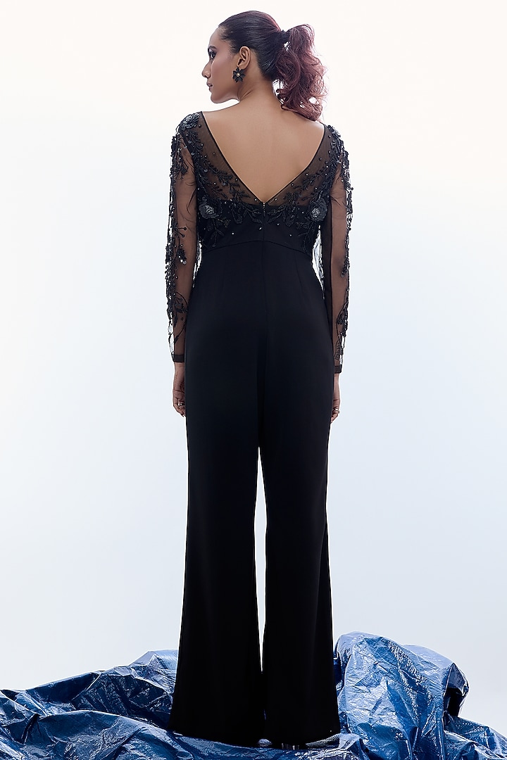 Black Sapphire Crepe & Net Floral Embellished Jumpsuit by Label Kaleido at Pernia's Pop Up Shop