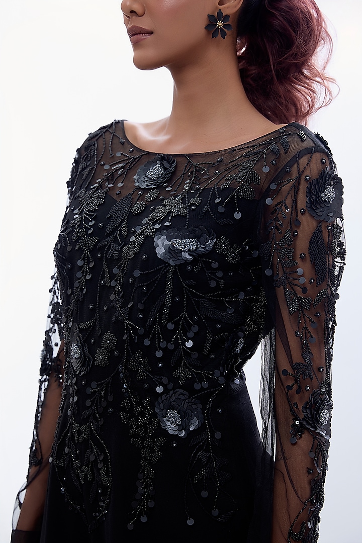 Black Sapphire Crepe & Net Floral Embellished Jumpsuit by Label Kaleido at Pernia's Pop Up Shop