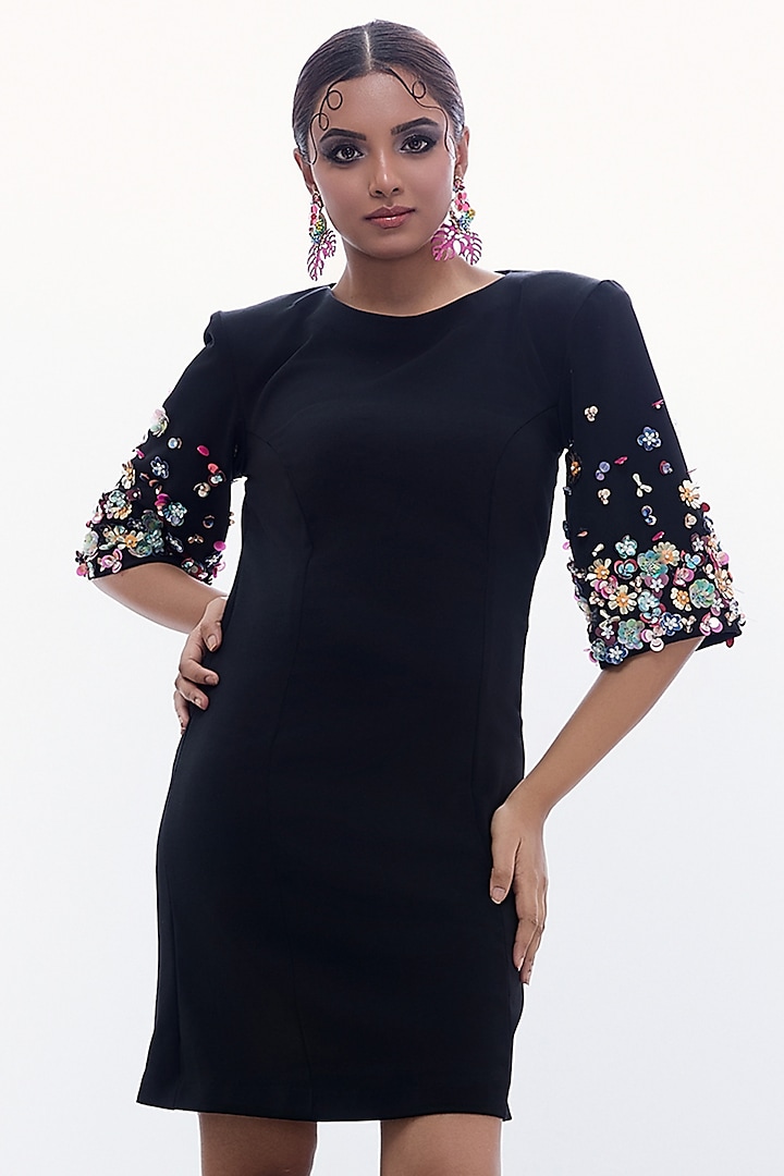 Black Sapphire Crepe Floral Embellished Summer Dress by Label Kaleido at Pernia's Pop Up Shop