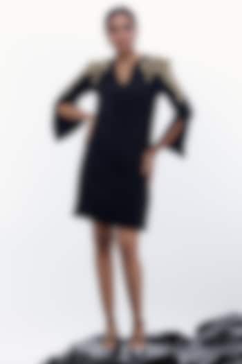 Black Sapphire Crepe Rhinestone Work Vacation Dress by Label Kaleido at Pernia's Pop Up Shop