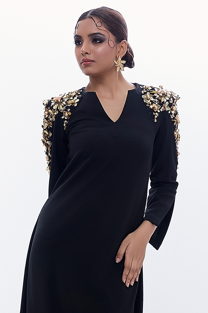 Black Sapphire Crepe Rhinestone Work Vacation Dress by Label Kaleido at Pernia's Pop Up Shop