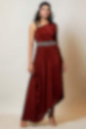 Wine Draped Dress With Detachable Belt by Label Kaleido