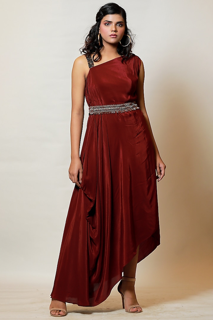 Wine Draped Dress With Detachable Belt by Label Kaleido