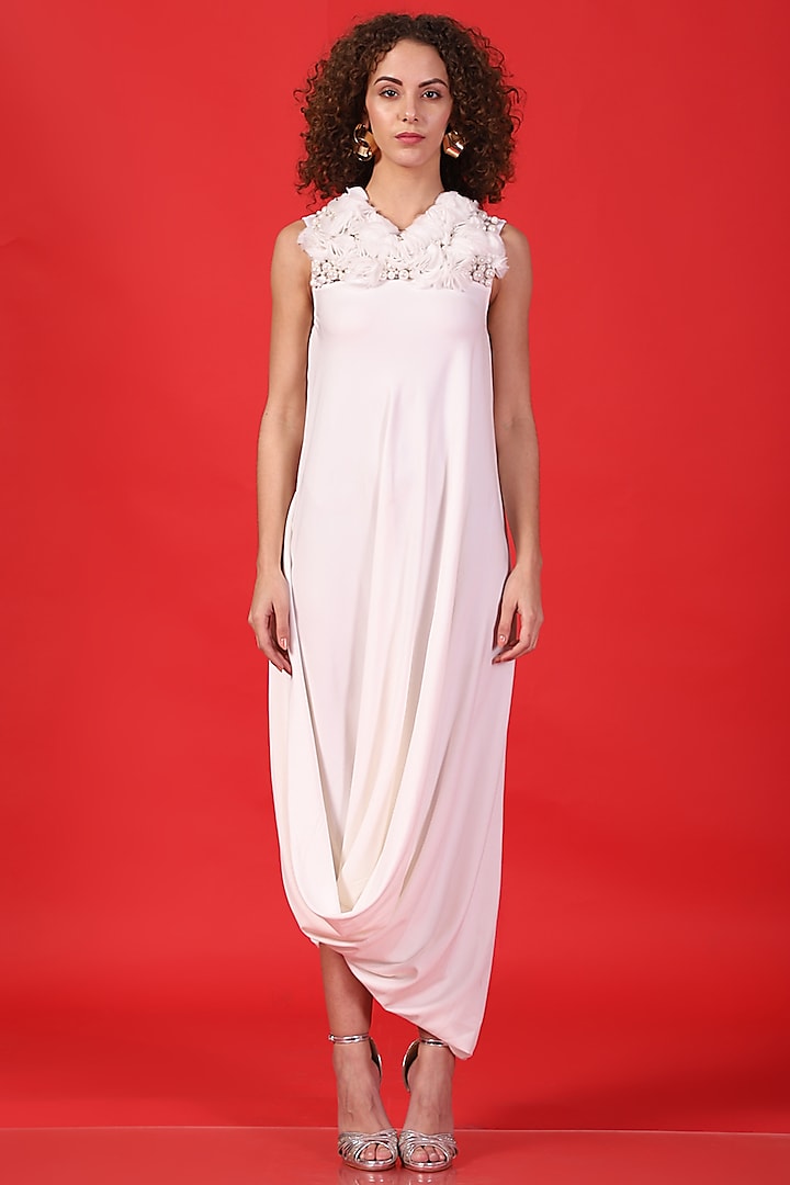 White Cowl Draped Gown by Label Kaleido