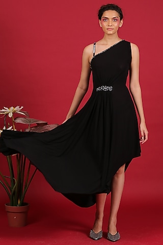 Black One-Shoulder Asymmetrical Dress by Label Kaleido