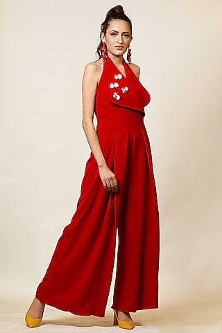 Poppy Red Halter-Neck Jumpsuit by Label Kaleido