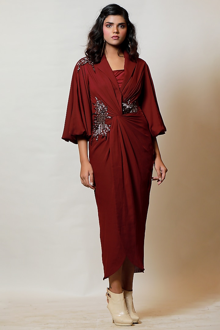 Wine Hand Embroidered Knotted Dress by Label Kaleido