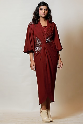 Wine Hand Embroidered Knotted Dress by Label Kaleido