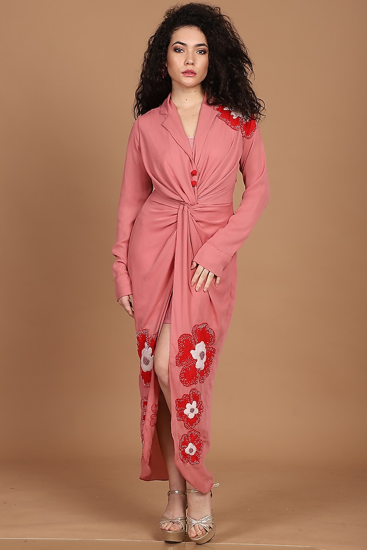 Salmon Pink & Coral Red Knotted Shirt Dress With Inner by Label Kaleido
