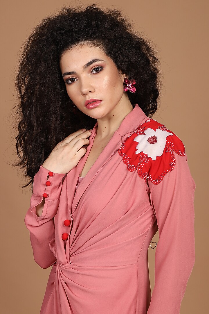 Salmon Pink & Coral Red Knotted Vacation Shirt Dress With Inner by Label Kaleido at Pernia's Pop Up Shop