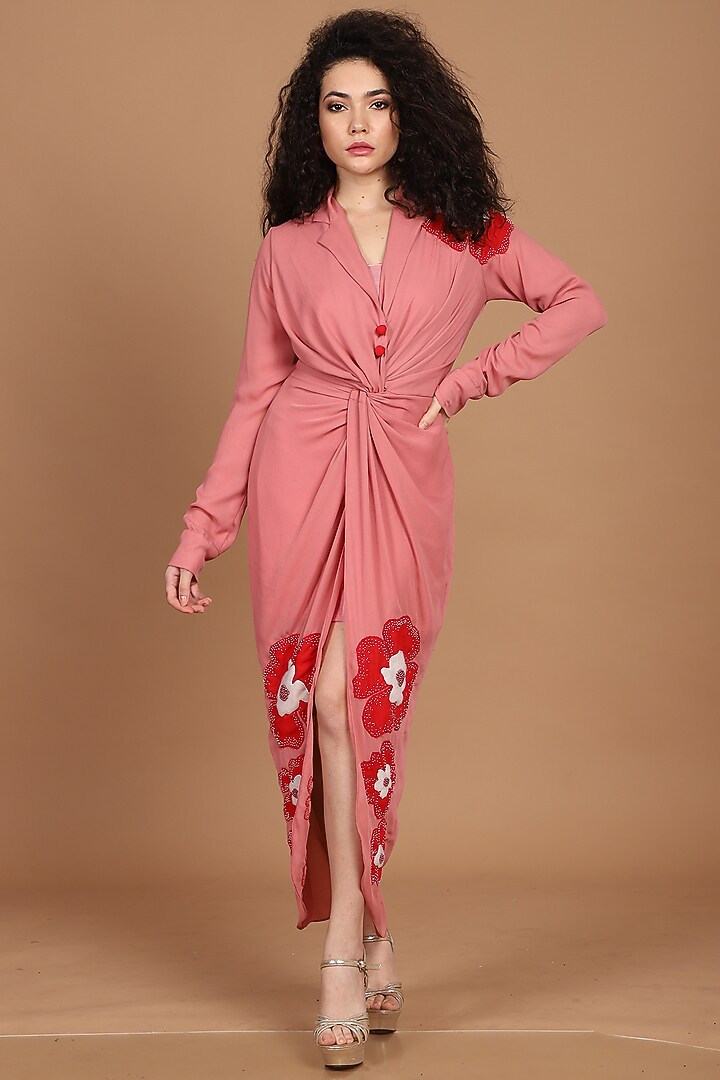 Salmon Pink & Coral Red Knotted Vacation Shirt Dress With Inner by Label Kaleido at Pernia's Pop Up Shop
