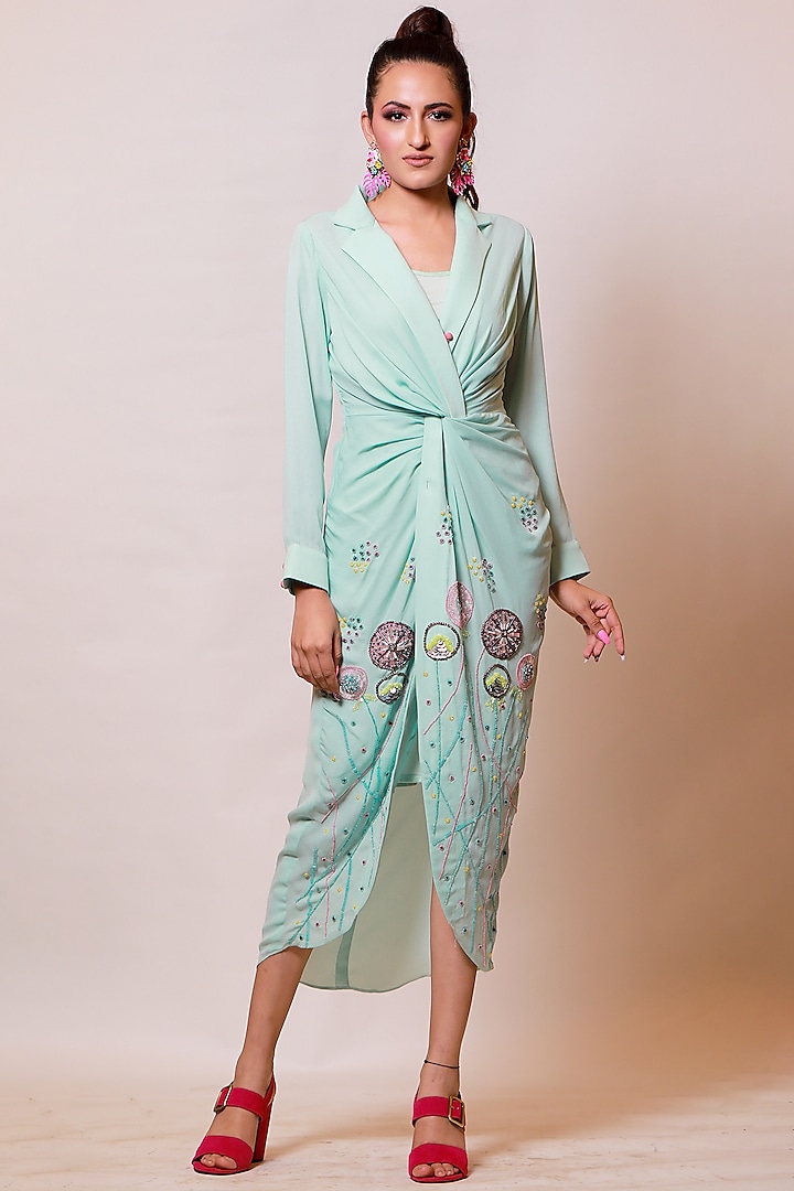 Sea Blue Knotted Shirt Dress With Inner by Label Kaleido