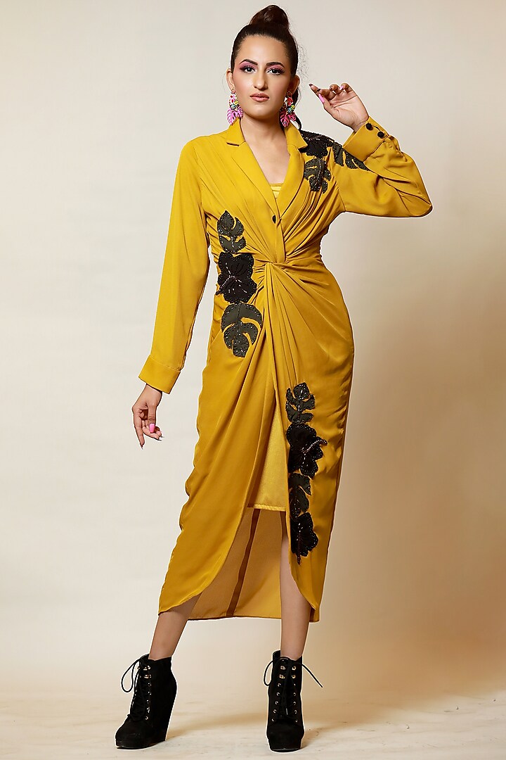Mustard & Black Knotted Shirt Dress With Inner by Label Kaleido