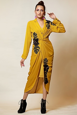Mustard & Black Knotted Shirt Dress With Inner by Label Kaleido