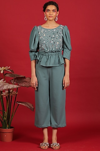 Grey-Blue Moss Scuba Pant Set by Label Kaleido