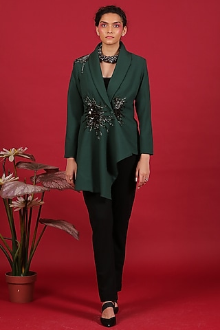 Green Hand Embroidered Peplum Blazer Set by Label Kaleido