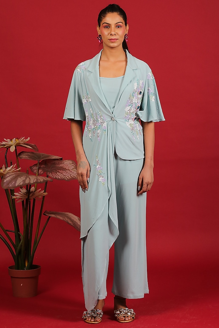 Powder Blue Hand Embroidered Asymmetrical Jacket Set by Label Kaleido
