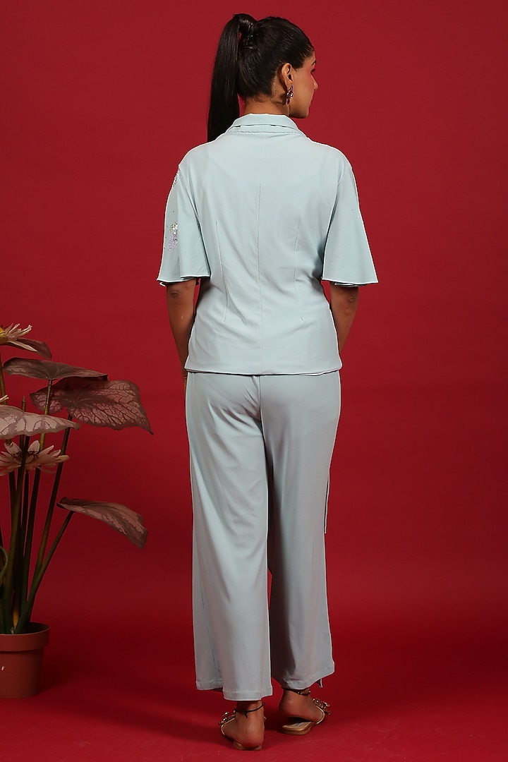 Powder Blue Hand Embroidered Asymmetrical Jacket Set by Label Kaleido at Pernia's Pop Up Shop