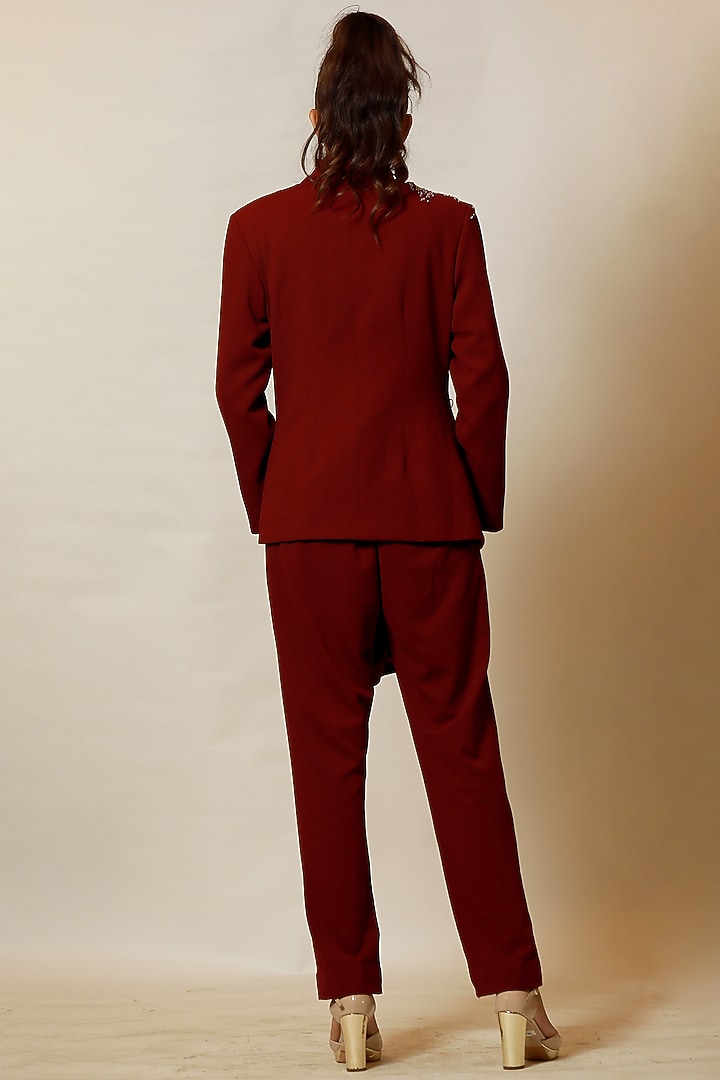 Wine Hand Embroidered Peplum Blazer Set by Label Kaleido at Pernia's Pop Up Shop