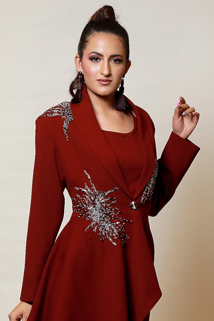 Wine Hand Embroidered Peplum Blazer Set by Label Kaleido at Pernia's Pop Up Shop