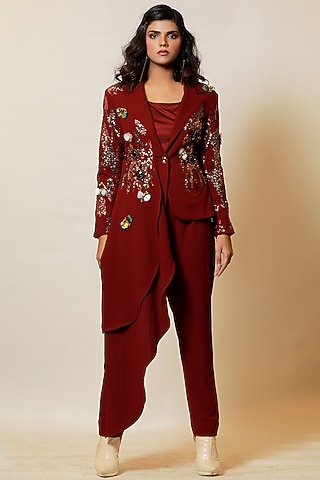 Wine Asymmetrical Blazer Set by Label Kaleido