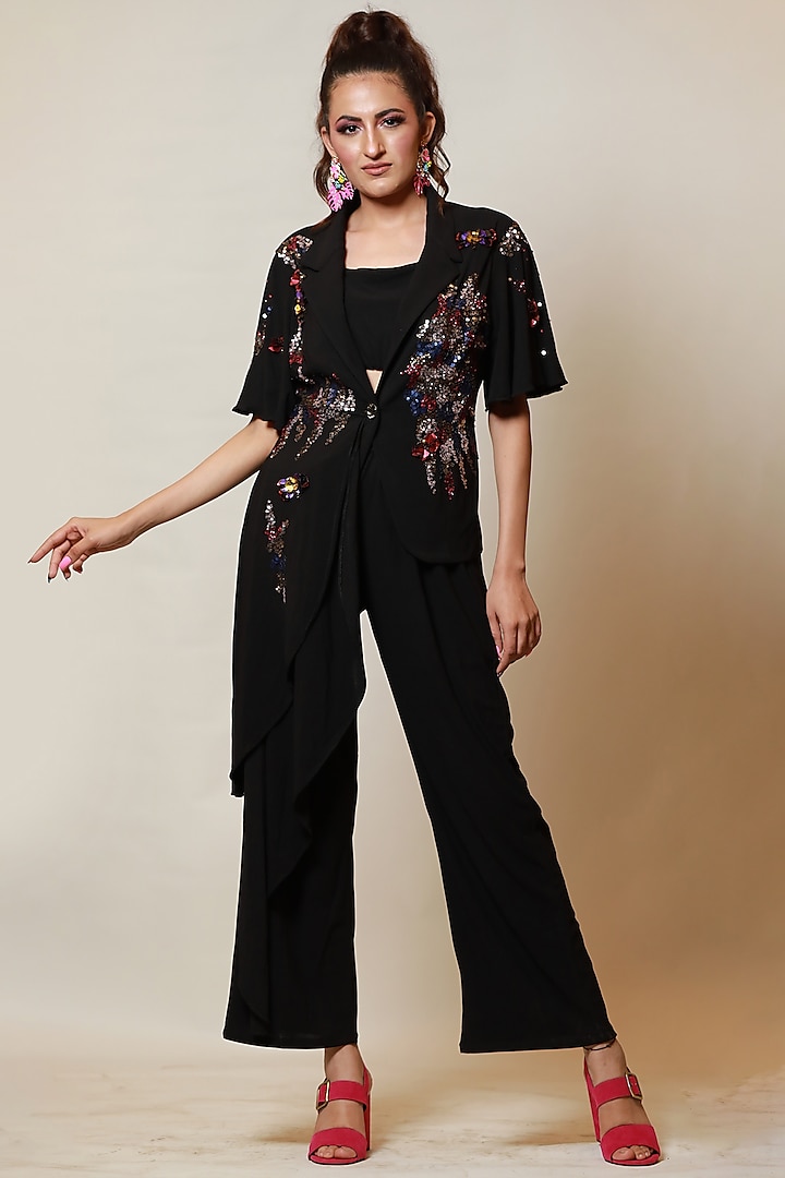 Black Hand Embroidered Asymmetrical Jacket Set by Label Kaleido