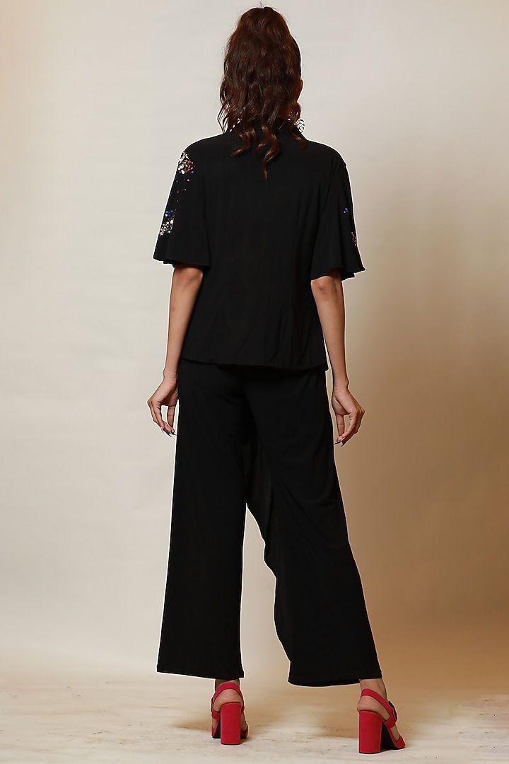 Black Hand Embroidered Asymmetrical Jacket Set by Label Kaleido at Pernia's Pop Up Shop