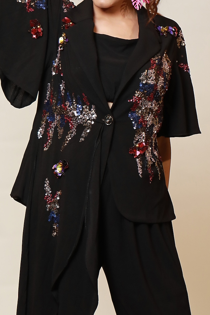Black Hand Embroidered Asymmetrical Jacket Set by Label Kaleido at Pernia's Pop Up Shop