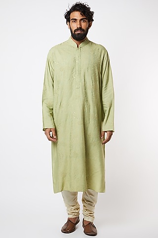 Pista Green Embroidered Kurta Set by Lalit Jalan