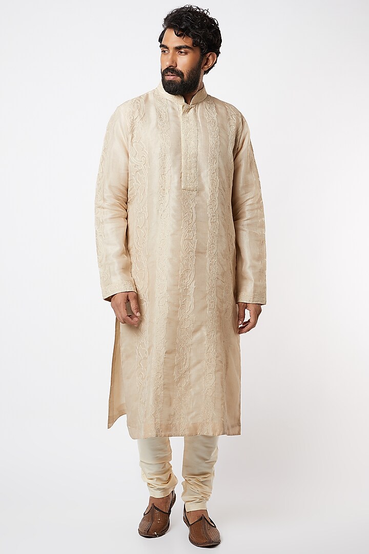 Light Beige Applique Kurta Set by Lalit Jalan at Pernia's Pop Up Shop