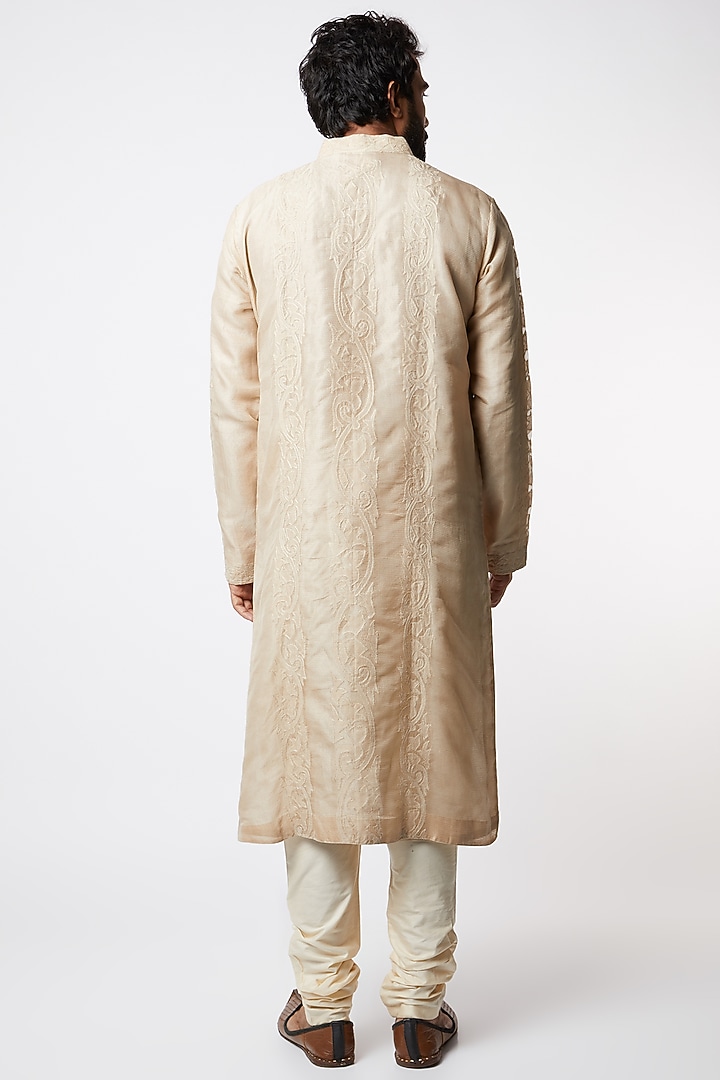 Light Beige Applique Kurta Set by Lalit Jalan at Pernia's Pop Up Shop