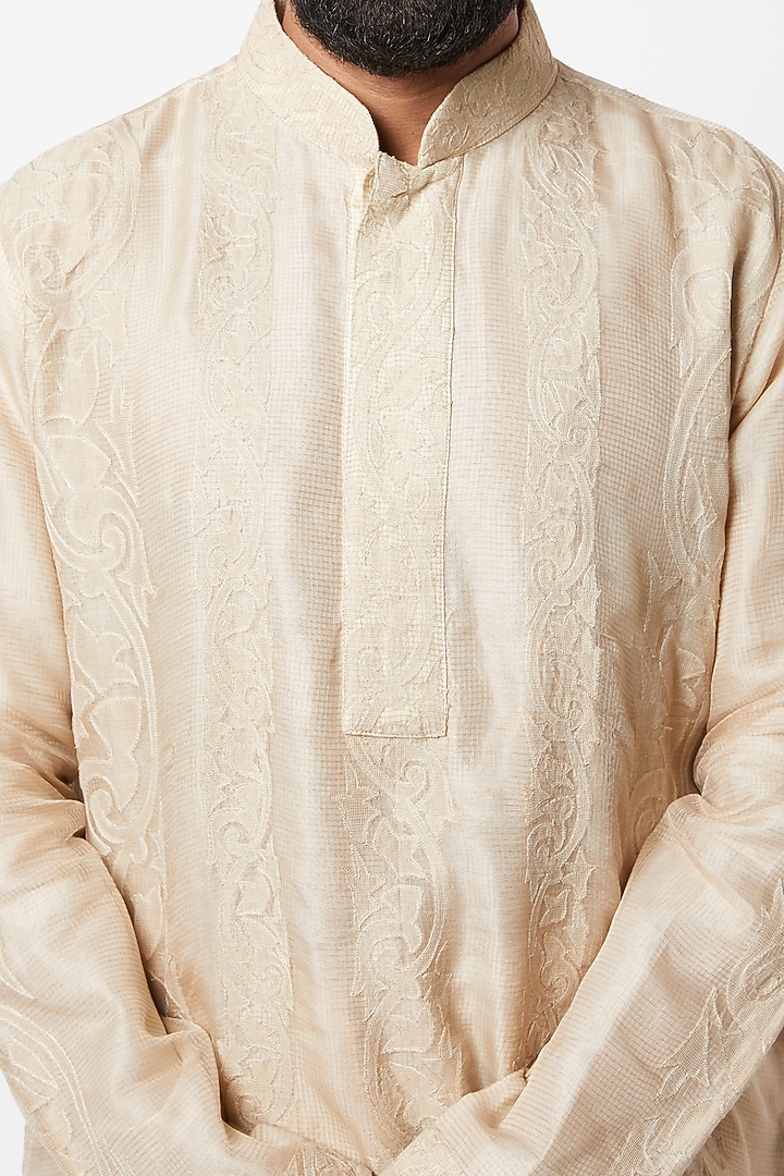 Light Beige Applique Kurta Set by Lalit Jalan at Pernia's Pop Up Shop