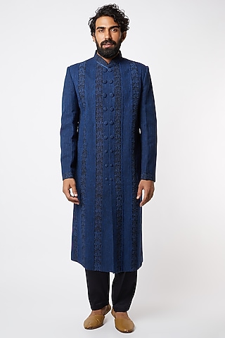 Navy Blue Embroidered Kurta Set by Lalit Jalan