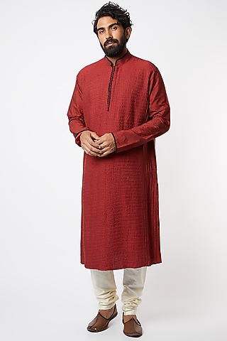 Maroon Cotton Silk Kurta Set by Lalit Jalan