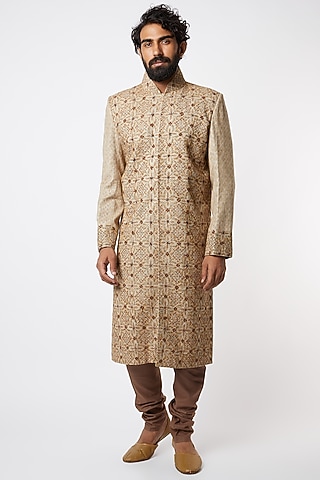 Beige Embroidered Achkan Jacket Set by Lalit Jalan