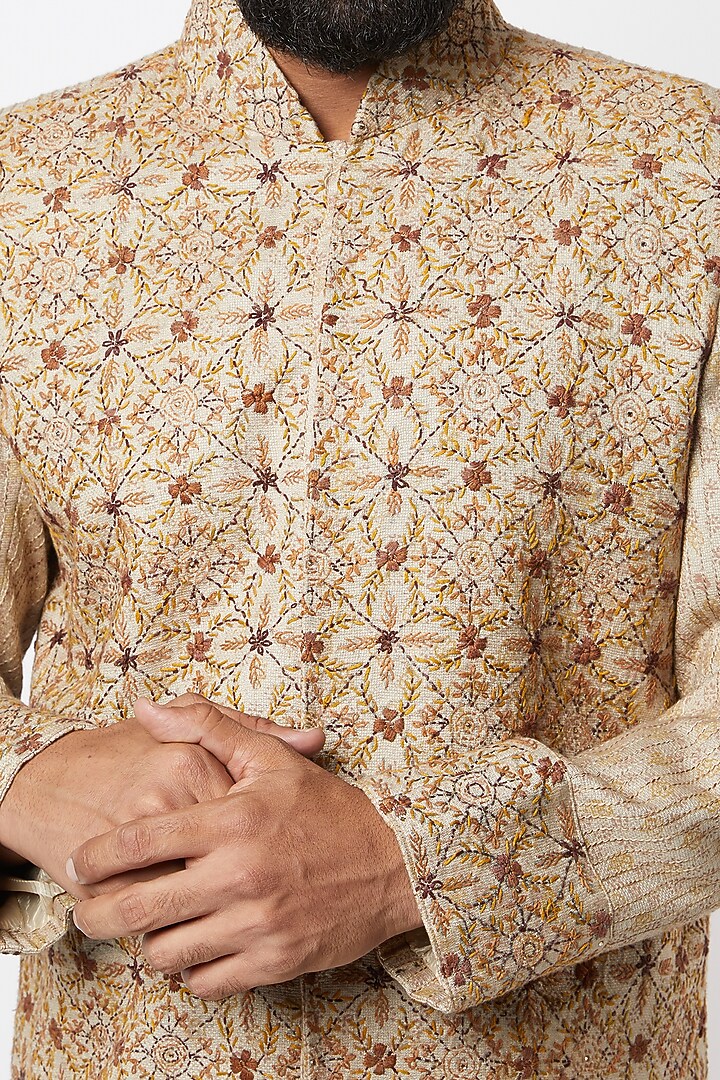 Beige Embroidered Achkan Jacket Set by Lalit Jalan at Pernia's Pop Up Shop